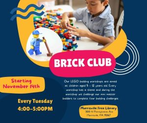 Brick Club for kids 5-12 every Tuesday 4pm starting November 14