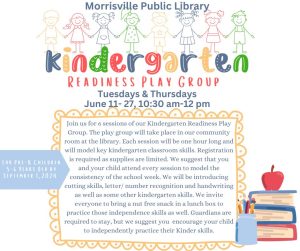 Join us for 8 sessions of our Kindergarten Readiness Play Group. The play group will take place in our community room at the library. Each session will be one hour long and will model key kindergarten classroom skills. Registration is required as supplies are limited. We suggest that you and your child attend every session to model the consistency of the school week. We will be introducing cutting skills, letter/ number recognition and handwriting as well as some other kindergarten skills. We invite everyone to bring a nut free snack in a lunch box to practice those independence skills as well. Guardians are required to stay, but we suggest you encourage your child to independently practice their Kinder skills.