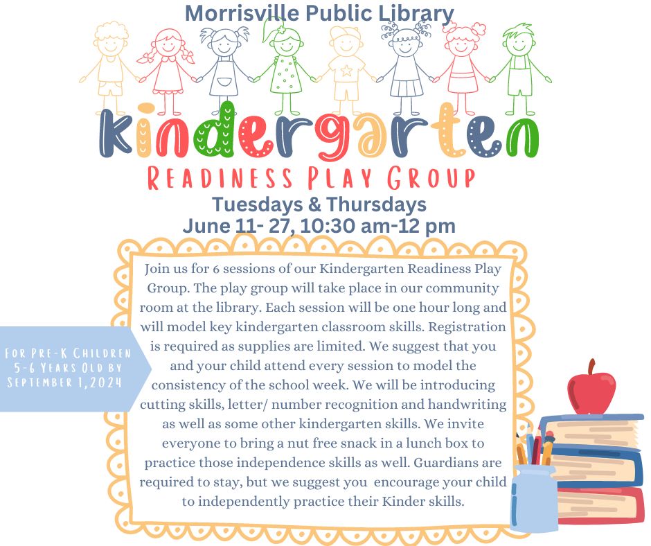 Join us for 8 sessions of our Kindergarten Readiness Play Group. The play group will take place in our community room at the library. Each session will be one hour long and will model key kindergarten classroom skills. Registration is required as supplies are limited. We suggest that you and your child attend every session to model the consistency of the school week. We will be introducing cutting skills, letter/ number recognition and handwriting as well as some other kindergarten skills. We invite everyone to bring a nut free snack in a lunch box to practice those independence skills as well. Guardians are required to stay, but we suggest you encourage your child to independently practice their Kinder skills.